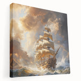 Large canvas print of a vintage ship in muted blue and white tones, suitable for kitchen wall art.
