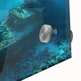 Large abstract wall art featuring a mid-century modernist ship design in muted gray and blue tones.