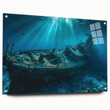 Acrylic print of a large abstract depiction of boats in cool blue and gray tones, suitable for bedroom or dining room decor.