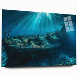 Acrylic print of a large abstract depiction of ships in muted blue and gray tones, suitable for bedroom or dining room decor.