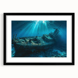 Extra large abstract art print of a colorful, textured ship, framed in black, ideal for living room decor.