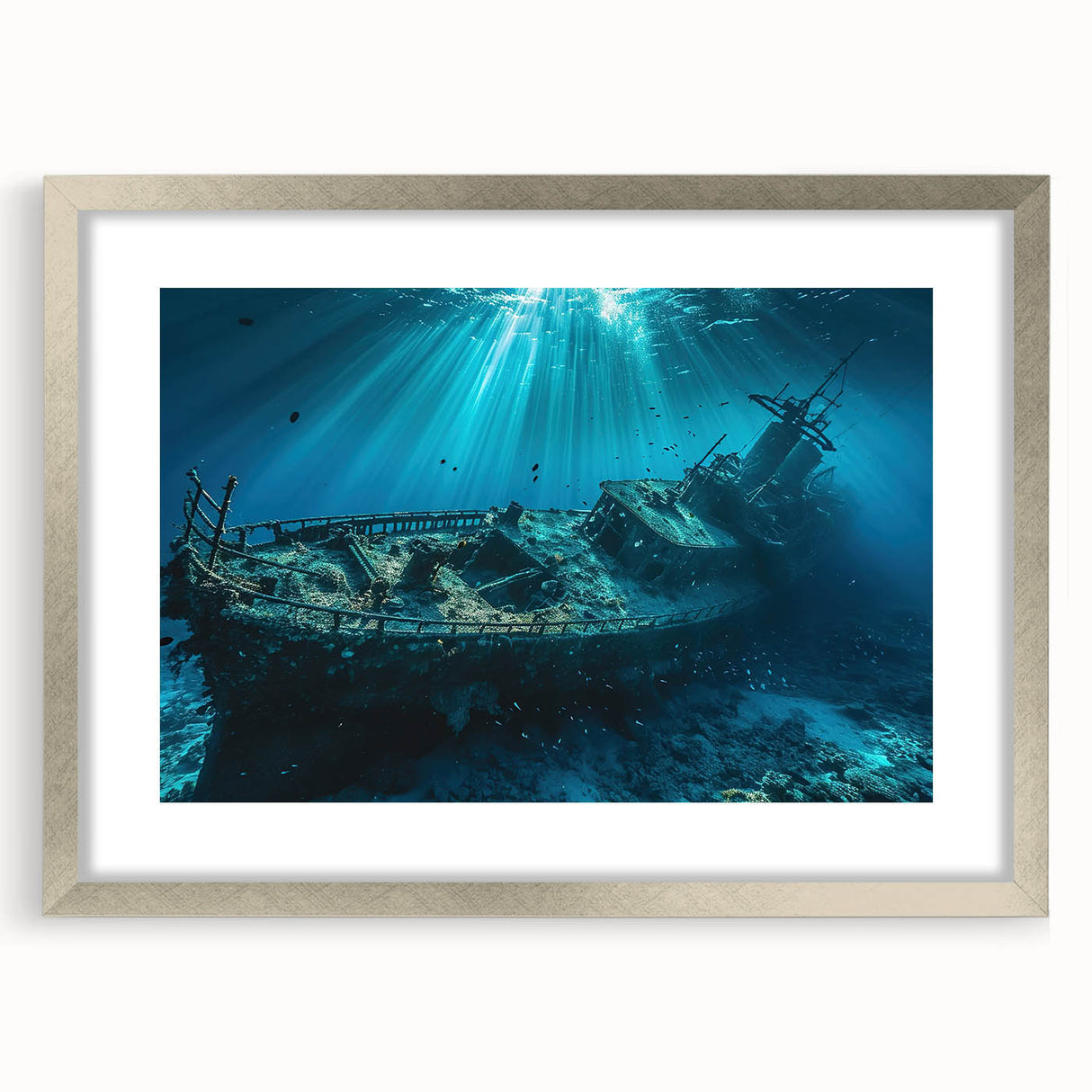 Textured art print of an abstract boat in silver and gray tones on a framed canvas, suitable for bedroom art.
