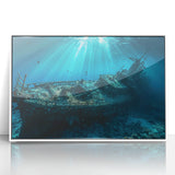 Art deco poster of a ship on calm waters, framed acrylic, in muted blue and white tones, ideal for nursery wall decor.