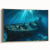 Vintage poster art of a ship on a black background in a gold frame, suitable for bedroom wall decor.