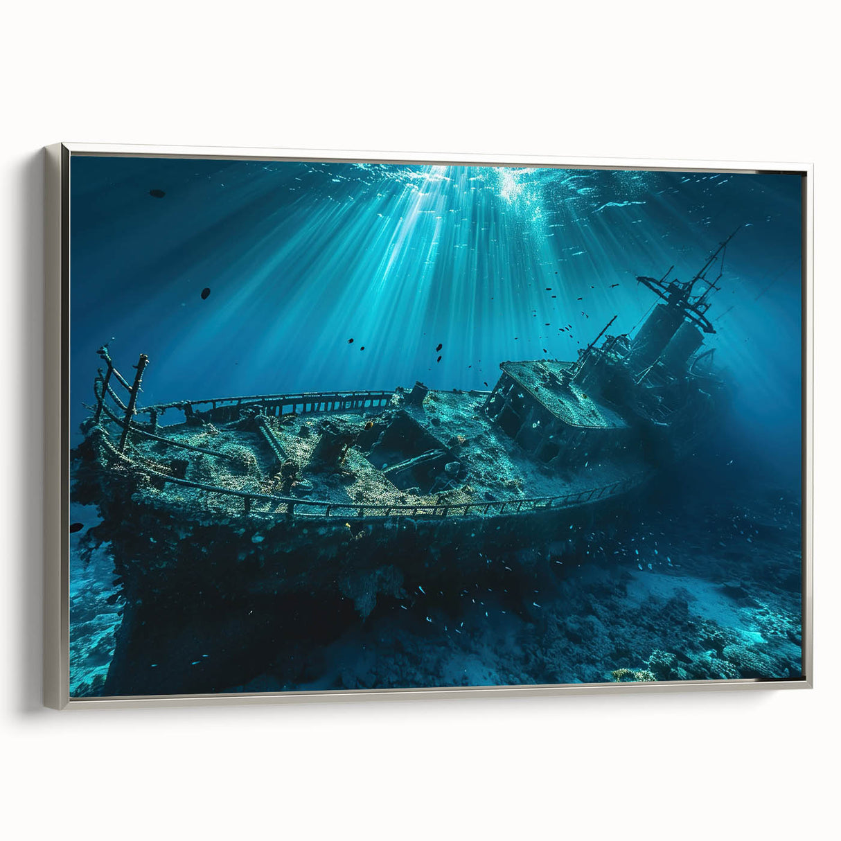 Framed canvas depicting a vintage ship in black with colorful accents, suitable for office or study wall decor.