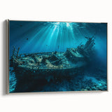 Framed canvas depicting a vintage ship in black with colorful accents, suitable for office or study wall decor.