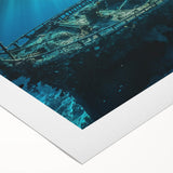 Art deco poster featuring a large ship on vibrant blue ocean, printed on rolled canvas, suitable for dining room decor.