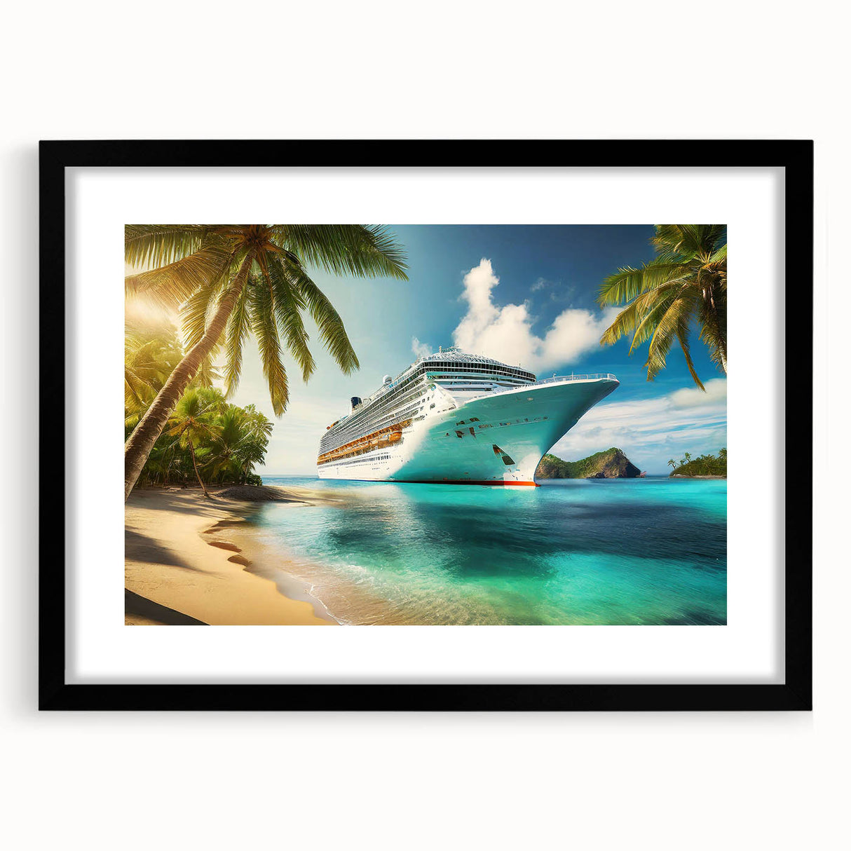 Extra large abstract art print of a colorful, textured ship on canvas, framed in black, suitable for living room decor.