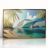 Mid-century modernist style large art print of a ship, in muted blue and gray tones on framed acrylic.