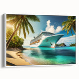 Extra large framed canvas of a vintage poster featuring a side view of a colorful ship, ideal for living room decor.