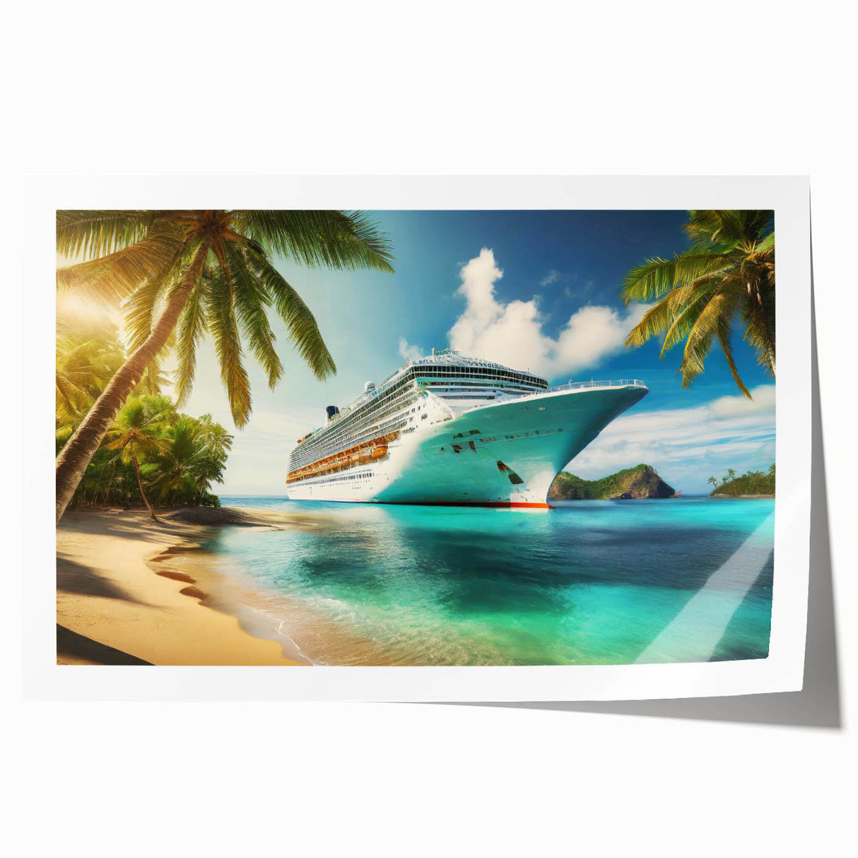 Rolled print of a large ship on calm seas in muted blue and gray tones, ideal for art wall dining room.