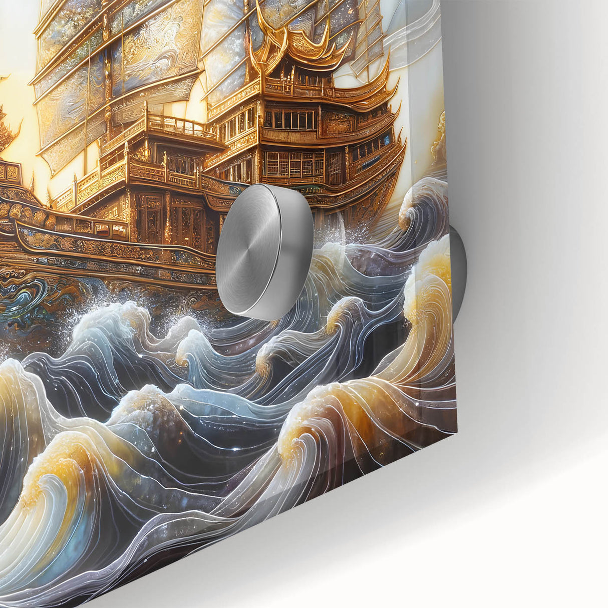 Large abstract wall art of a ship, in muted blue tones on acrylic glass, ideal for dining room ambiance.