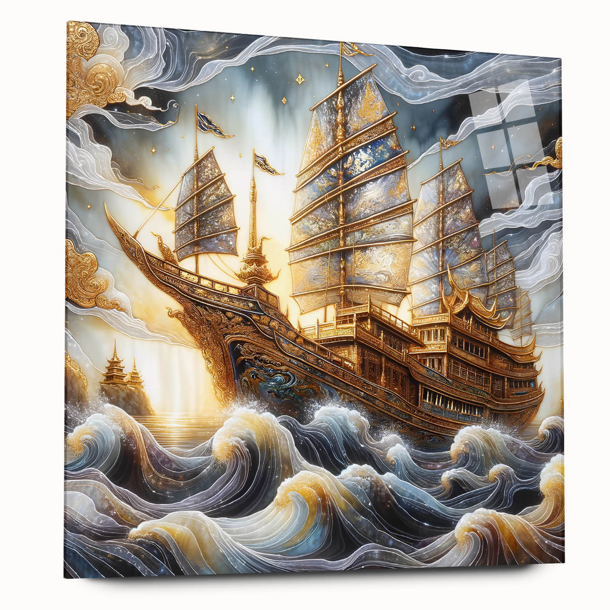 Side view of a large abstract acrylic print featuring a ship, in muted blue and gray tones.