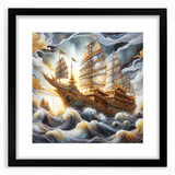 Extra large abstract art print of a colorful, textured ship on a framed black mat, ideal for living room decor.