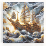 Black and white photo of a ship on calm waters, printed on large stretched canvas, suitable for kitchen wall art.