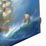Large abstract wall art of a ship in muted blue and gray tones on acrylic glass, ideal for dining room art.