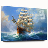 Side view of a large abstract ship design in vibrant blue and orange tones on acrylic glass.