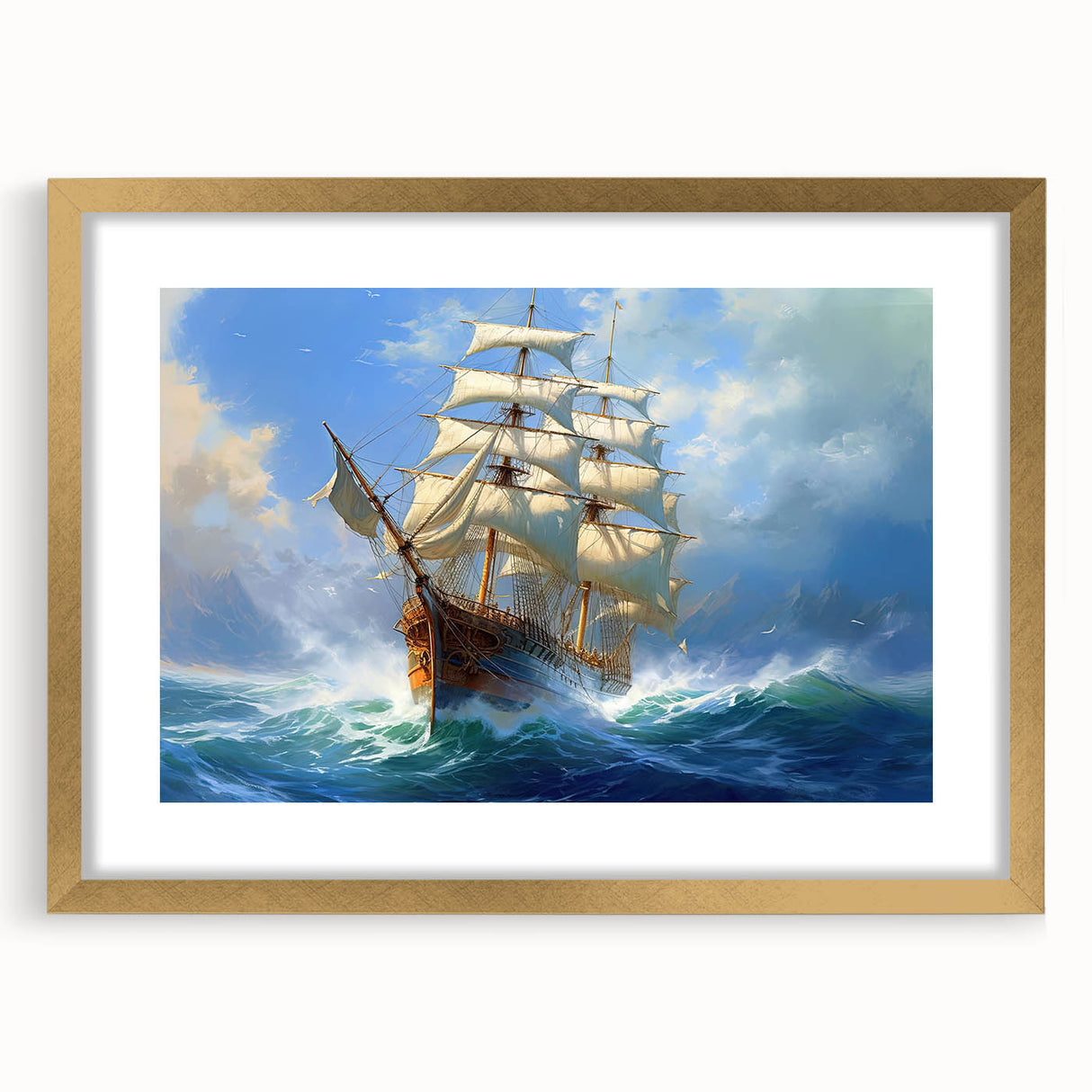 Textured art print of an abstract boat in muted blue and gray tones on a framed canvas, suitable for bedroom decor.