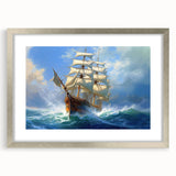 Abstract art print of a stylized ship in cool blue and gray tones on a silver-framed canvas.