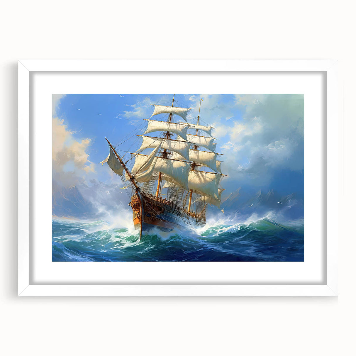Extra large abstract art print featuring a textured depiction of boats, in muted blue and gray tones, framed in white.