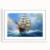 Extra large abstract art print featuring a textured depiction of boats, in muted blue and gray tones, framed in white.