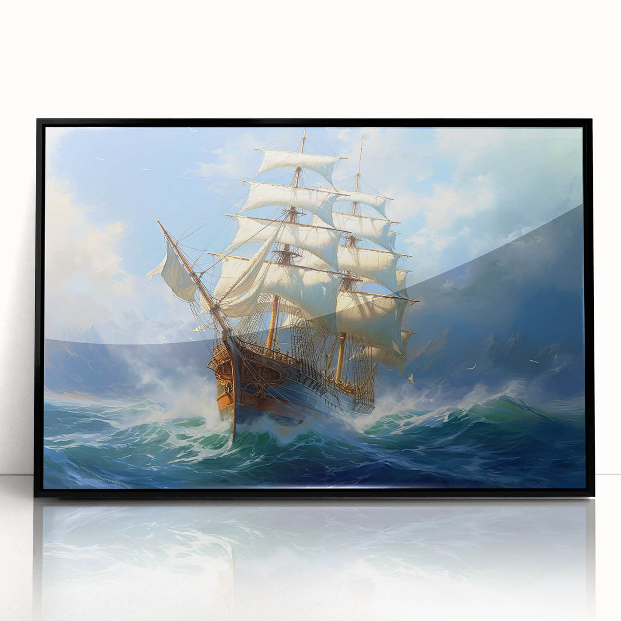 Acrylic print of a mid-century modernist ship, in muted blue and gray, framed in black, suitable for modern art wall decor.