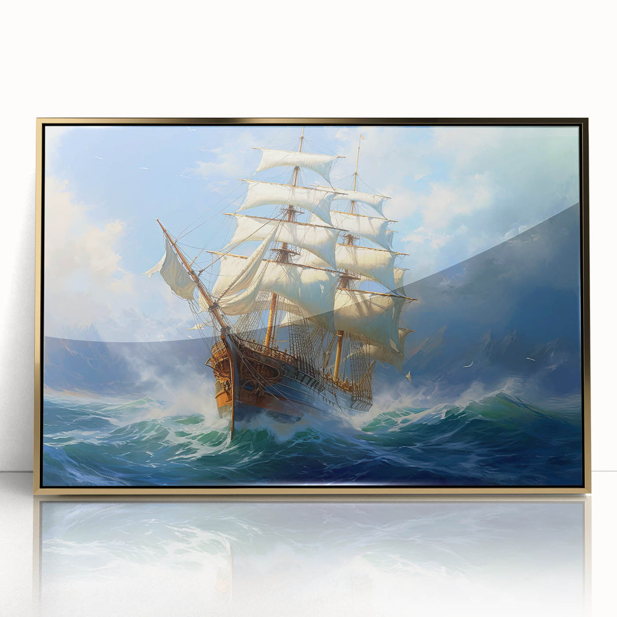 Mid-century modernist art deco poster of a ship, rendered in muted blue and gold tones on framed acrylic.