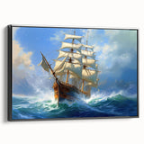 Black and white vintage poster art of a ship on framed canvas, ideal for bedroom wall decor.