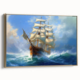 Vintage poster art of a colorful landscape with a ship, rendered in black and gold tones on framed canvas.