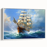 Framed canvas featuring a vintage poster of a black ship on a muted gray ocean, suitable as wall art for a bedroom.