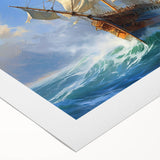 Art deco poster featuring a large ship on rolled canvas, using muted blue and gray tones, ideal for dining room wall art.