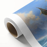 Art Deco style poster featuring a streamlined ship in muted blue and gray tones on rolled canvas, ideal for nursery wall art.