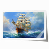 Extra large rolled canvas print featuring a detailed ship illustration in muted blue and gray tones.