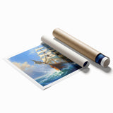 Extra large rolled print featuring a detailed illustration of a ship, executed in muted blue and gray tones.