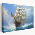 Large art print of a vintage ship on stretched canvas with muted blue and gray tones, ideal for kitchen wall decor.