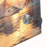 Large abstract wall art of a ship on acrylic glass in mid-century modernist style, featuring cool blue and gray tones.