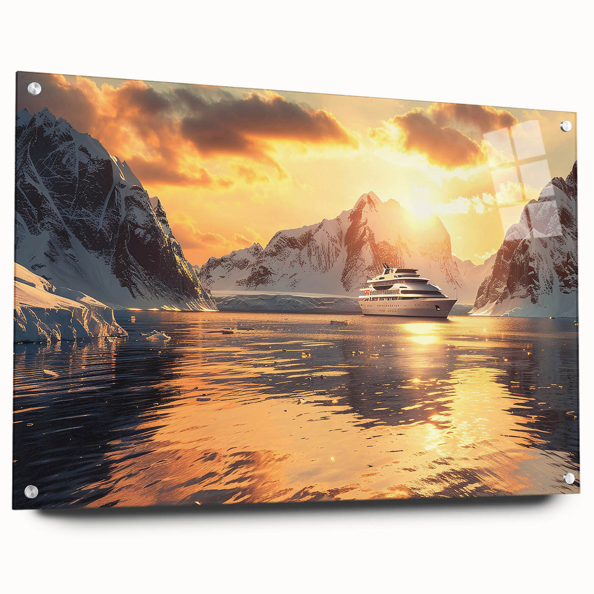 Acrylic print of a large abstract depiction of boats in shades of blue and gray, suitable for bedroom or dining room decor.