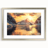 Abstract art print of a stylized ship in silver and blue tones, framed with a silver mat, suitable for dining room decor.