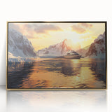 Mid-century modernist art depicting a ship in muted blue and gold tones on a framed acrylic, ideal for nursery wall art.