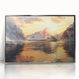 Art deco poster of a silver ship, in muted gray tones, framed in acrylic, ideal for modern nursery wall art.