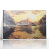 Mid-century modernist style large art print of a ship, in muted blue and white tones, framed acrylic.