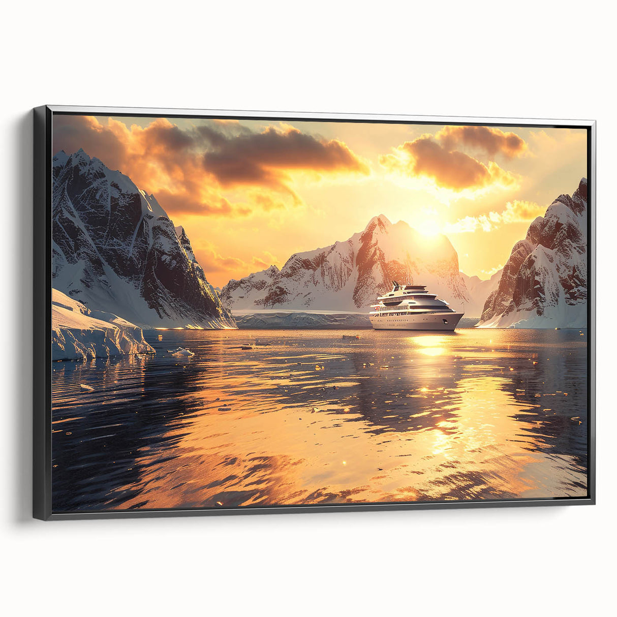 Black and white framed canvas featuring a vintage poster art style of a ship, ideal for bedroom wall decor.