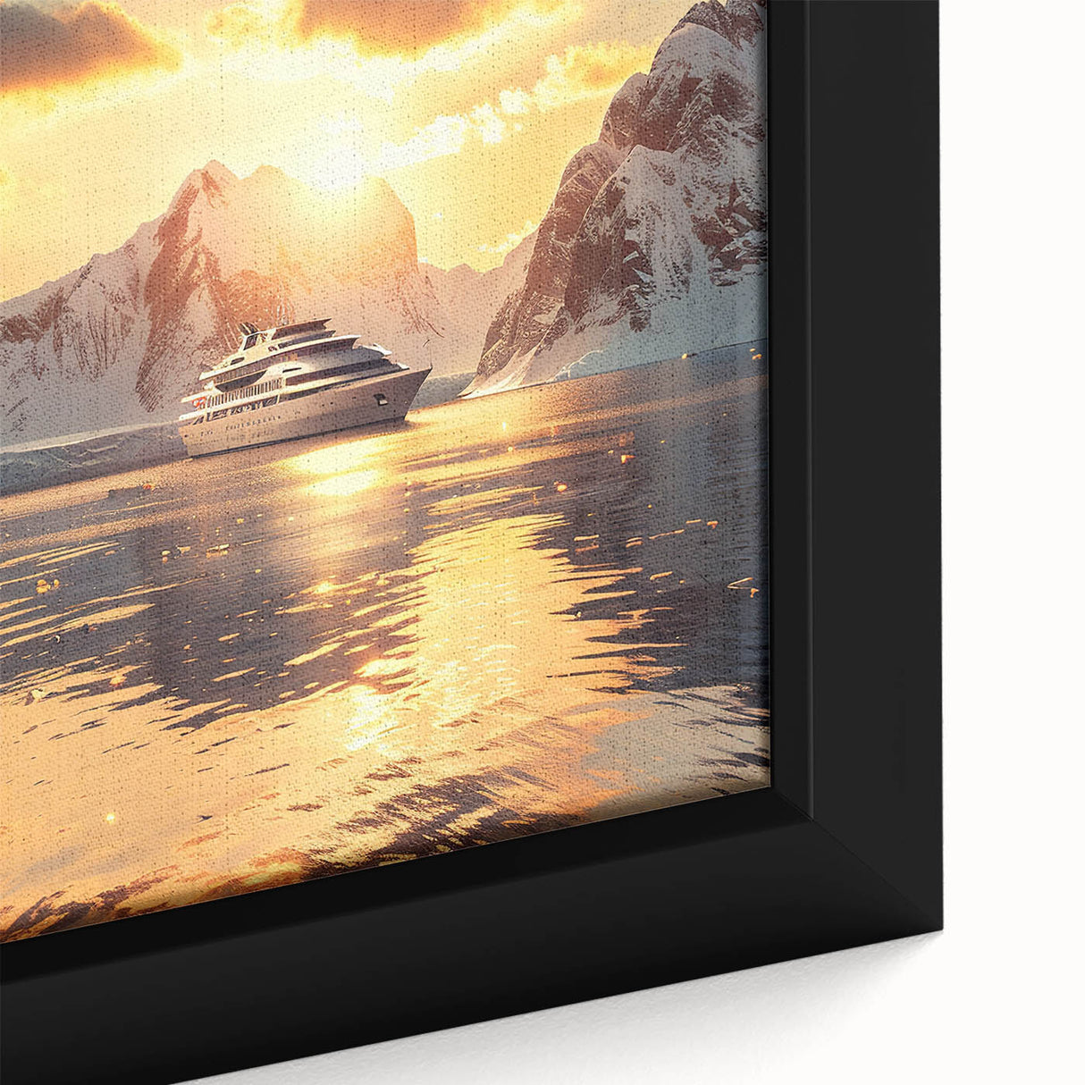 Extra large black wall art featuring a colorful, textured depiction of a ship on a framed canvas.