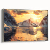 Vintage poster art of a colorful ship on black background, framed canvas, ideal for large living room walls.