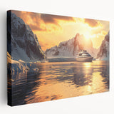 Large art print of a ship at sea in muted blue and gray tones on stretched canvas, ideal for kitchen wall decor.