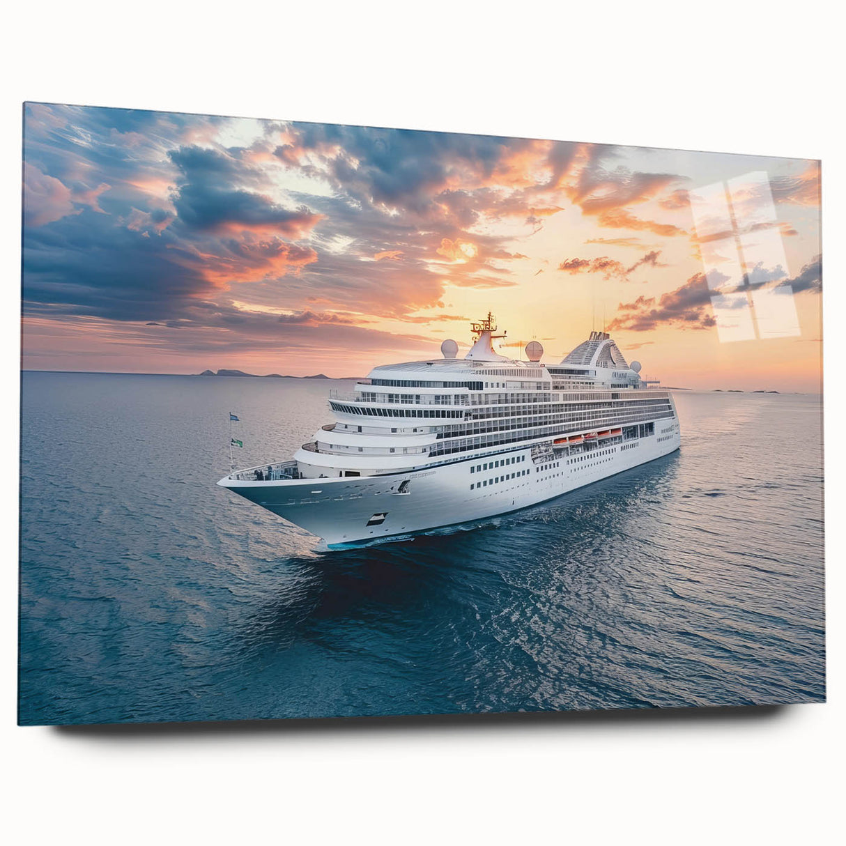 Large abstract wall art depicting a side view of a ship, rendered in cool blue and gray tones on acrylic glass.