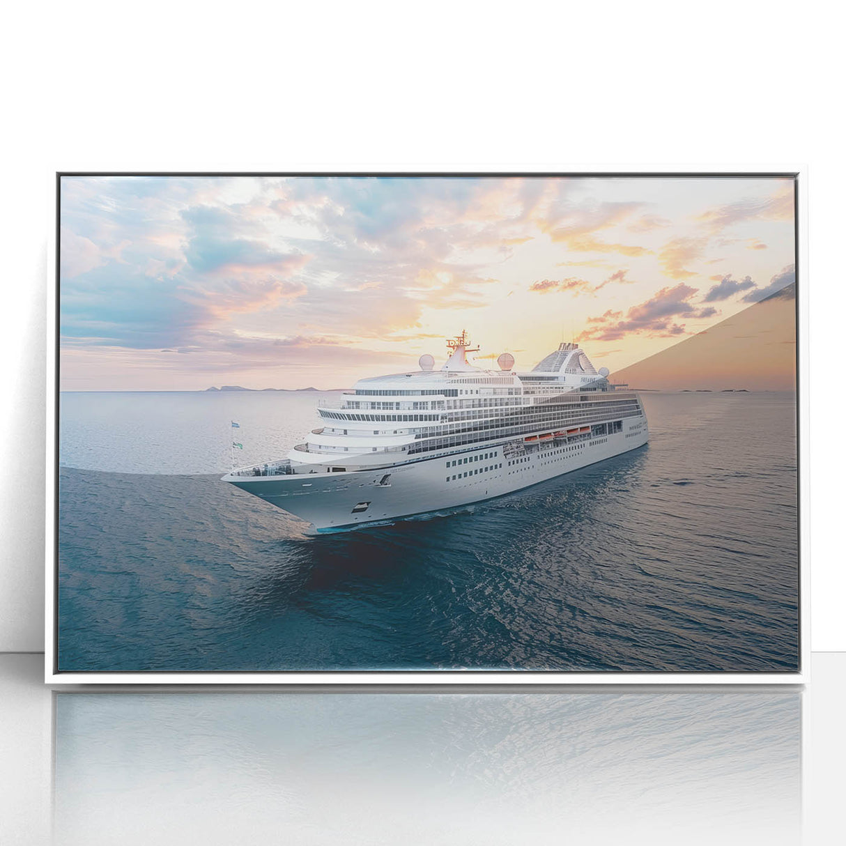 Art deco poster of a ship in muted blue and white, acrylic framed, ideal for modern nursery wall decor.