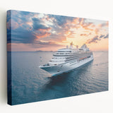 Large art print of a ship on a vibrant blue ocean, rendered in a realistic style on stretched canvas.