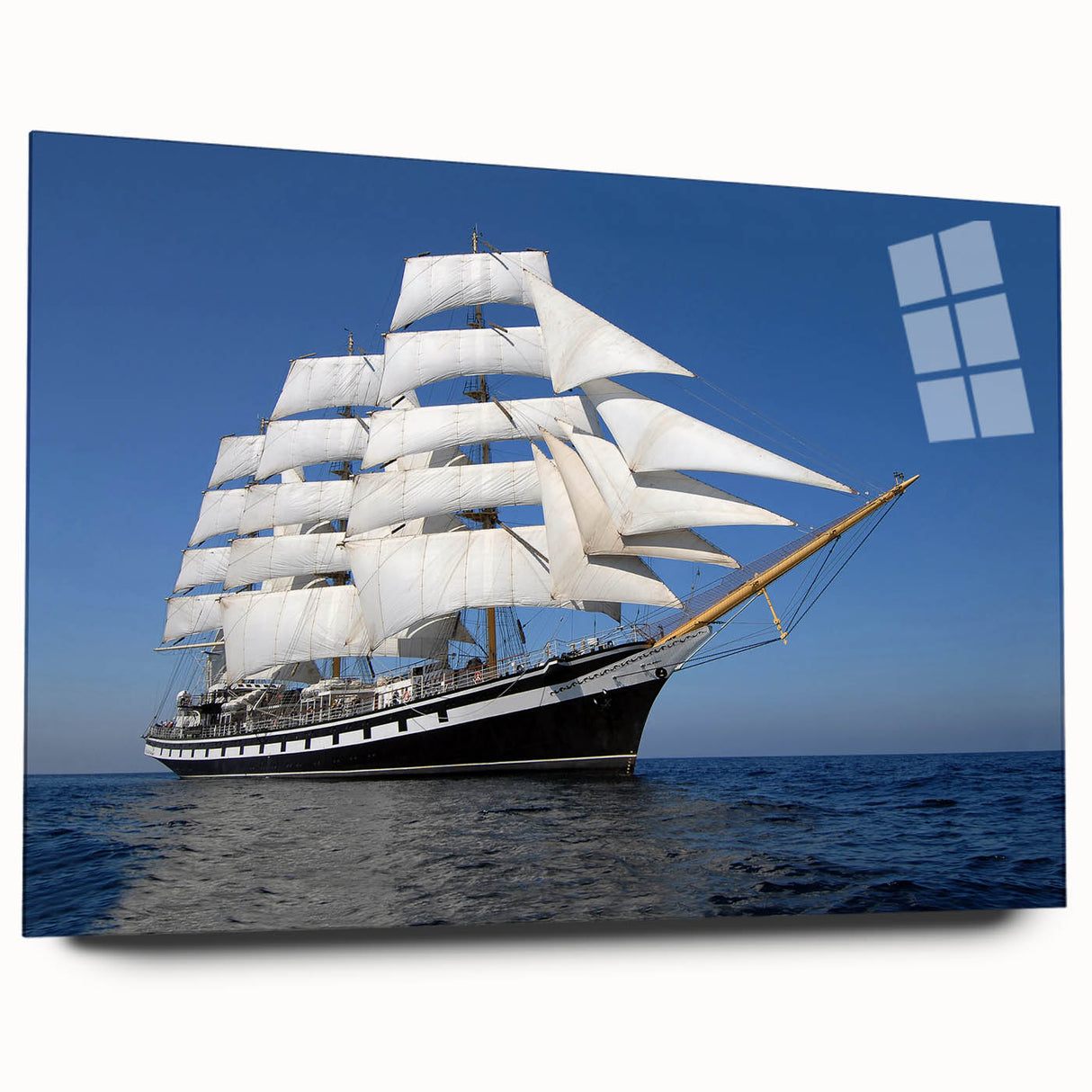 Acrylic print of a large abstract ship in shades of blue and gray, suitable for bedroom or dining room decor.