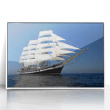 Acrylic print of an art deco style ship, in muted blues and whites, ideal for modern nursery wall art.